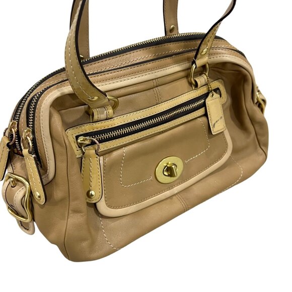 Coach Tan Leather Satchel Bag With Multiple Compartments & Gold Hardware - Picture 2 of 12